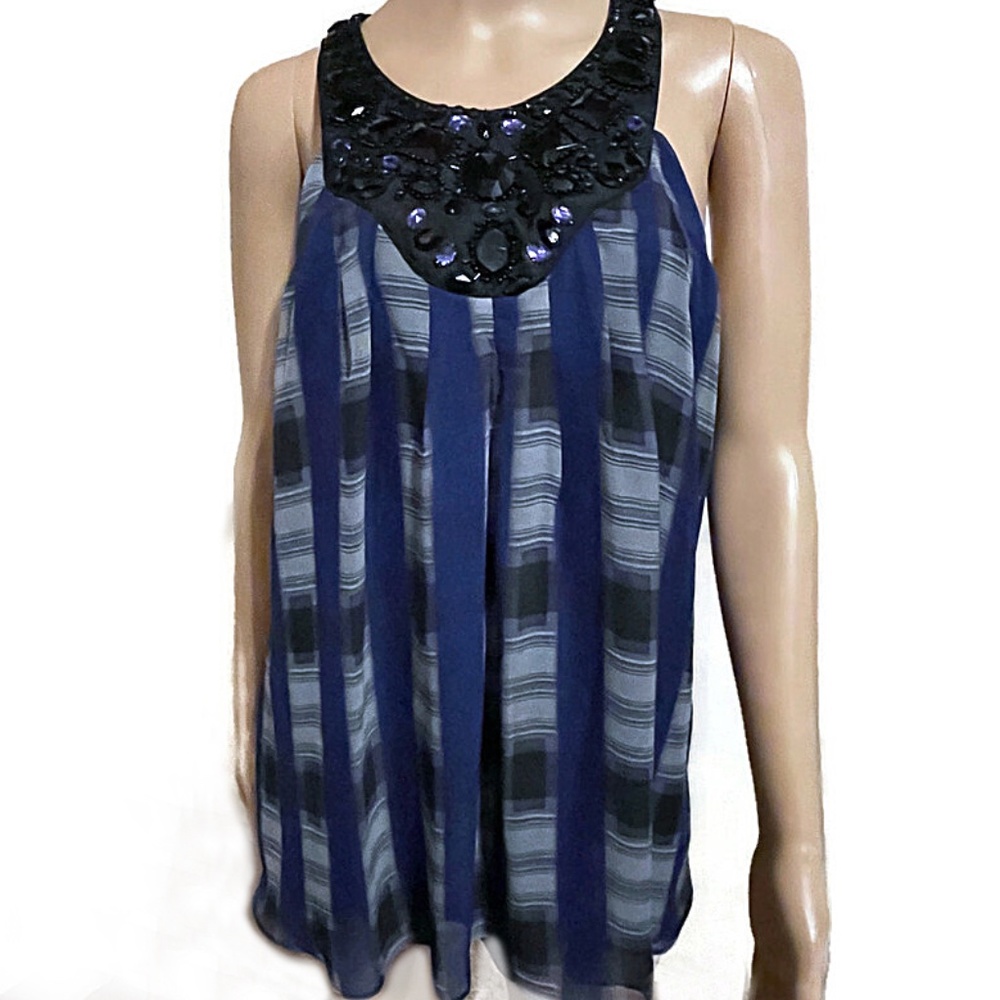 ECI Embellished Tie back Plaid Trapeze Top SZ 10